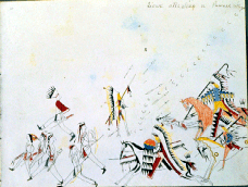 Sioux Attacking a Pawnee Village 187576 Southern Cheyenne pencil ink watercolor and crayon on paper Copyright Thaw Collection FAM