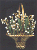 Lilies of the Valley Basket Michael Perchin before 1896 Gold wire green gold nephrite leaves and pearl flowers