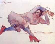 Ann Lying Down watercolor on laid paper