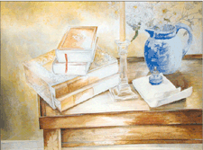 Still Life with Books Inkwell and Delft Pitcher watercolor and pencil on paper