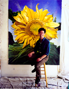The artist Mark Venaglio with his painting La Nonna