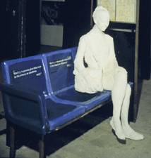 Woman on a Blue Bus Seat with New York City Subway Map George Segal 1999 Plaster figure plastic and metal bench paper map Carrol Janis Inc