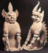 Pair of painted pottery Earth Spirits China Tang Dynasty Uragami SokyuDo Co Ltd Tokyo Japan