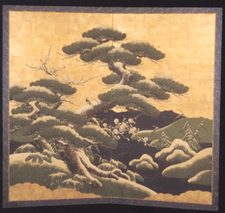 Pine Tree and Plum Blossoms in Snow Japanese screen in two panels in the booth of Liza Hyde New York City