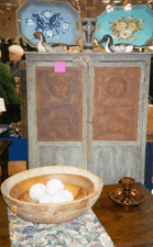 Pie safe in old gray paint with punched tin panel showing stars