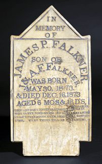 Rest in peace. The tablet form tombstone memorializing James P. Falkner was made with a lime-based alkaline glaze in the shop of William Hilliard Falkner. The Falkner family was among the more prolific families making grave markers. The others included the Loyds, the Millers, the Hams, the Wedgeworths and the Skinners.