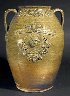 German-born John Lehman, who settled in Rock Mills, made the alkaline glazed political jar that proclaims "Hurrah for Jefferson” on one side and carries an image of George Washington on the other. Courtesy Levon Register.