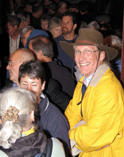 Ready for all weather, Doug Jackman of Stephen-Douglas Antiques joined exhibitors from other area shows in line for Ludlow's preview opening.