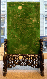 One of a carved pair of green jade table screens of the Ch'ien Lung period, $116,000.