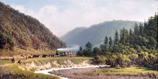 Monogrammed PW (Cyrillic) landscape with the railroad line Archipovka near Jekaterinburg, landscape with sea near Jermak in Siberia, oil on canvas 9 by 17 ¾ inches each, $285,000. 