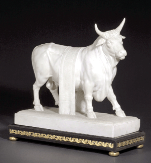 Joseph Chinard, "Jupiter as Bull,” marble, signed, marked Rom and dated 1785, original base in ebony with gilded bronzes, length 21 inches, $260,000.