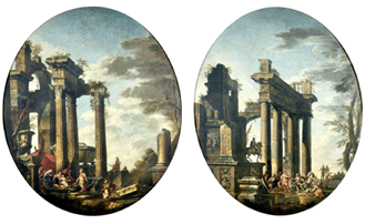 Marco and Sebastiano Ricci (attr.), architectural capriccios with ruins, oval, oil on canvas, 86 ½ by 66 ½ inches, $218,000.