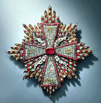 Badge of Polish Order of the White Eagle from the Ruby garniture. Of all Augustus the Strong's jewelry garnitures, the ruby garniture has the greatest political symbolic significance. The red of the rubies and the white of the diamonds represent national colors. Workshop of Johann Heinrich Köhler, Dresden, 1722–1733.