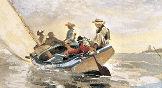 "Sailing The Catboat” by Winslow Homer, watercolor and gouache over pencil on paper, 7 ½ by 13 ¾ inches.