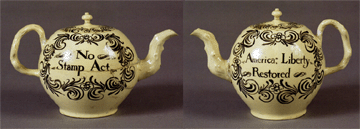 One of the rare and important pieces in the sale was this English creamware teapot and cover with "No Stamp Act” painted on one side, "America, Liberty Restored” on the reverse. It measured 5 inches high and was one of two items sold with a reserve. Ron Bourgeault opened the lot at the reserve, $35,000, and the final bid was $99,450, including the buyer's premium.