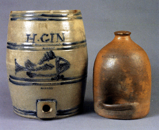 David Wheatcroft, dealer from Westborough, Mass., was the successful bidder for an American salt glaze stoneware cobalt blue decorated gin dispenser, Moses Tyler and Charles Dillon, circa 1828–33, 13 ½ inches tall, that went for $43,125. It was sold together with an American redware chicken feeder, impressed "Norwalk Pottery.”