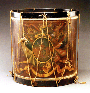 This "Boston City Guards” militia drum, painted by Charles Hubbard, circa 1824, with an adaptation of the Seal of the Commonwealth of Massachusetts, flags and trumpets, sold for $29,250. It measures 17 ½ inches high, 17 inches in diameter.