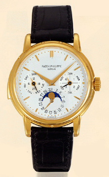 This Patek Philippe, 18K yellow gold wristwatch has a perpetual calendar and moon phases and was the top selling lot at $400,400.