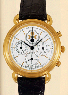 Audemars Piguet, Triple Complication, 18K gold with a mahogany fitted winding box, was among the top lots at $128,900.