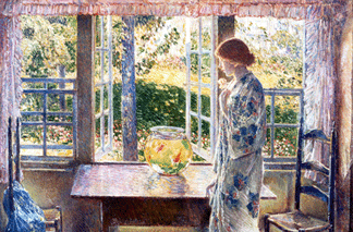 Childe Hassam (American, 1859–1935), "The Goldfish Window,” 1916, oil on canvas, 34 3/8  by 50 5/8  inches. 