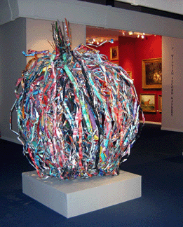 Galerie Terminus, Munich, Germany, had several works by sculptor John Chamberlain (b 1927), one of which sold at the fair for $950,000. The giant ball made from twisted strips of metal taken from a Chevrolet and later overpainted, 2001, was $1.5 million.