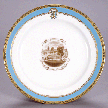 Plate, one of eight commissioned by Ebenezer Rockwood Hoar for April 19, 1875, celebrations. Worcester Porcelain Manufactory, Worcester, England, about 1875. Porcelain, stamped in red on back, "Manufactured by the Worcester Royal Porcelain Co./For/ Richard Briggs/ Boston.†Gift of the Cummings Davis Society, 2006.
