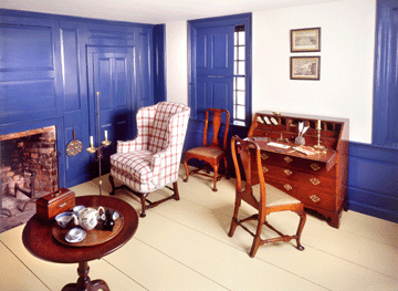 The color blue is not limited to the loan exhibition, as the museum's mid-Eighteenth Century chamber demonstrates. The Concord Museum's period rooms, originally installed in 1907, are among the oldest in the country. This room with bright blue paneling was installed in 1930 by Russell Kettell, an early Twentieth Century collector and author of Early American Rooms, published in 1936. ⁃hip Fanelli photo