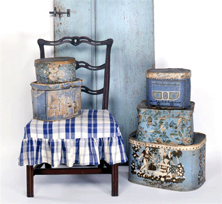 An Eighteenth Century Boston chair, paper-covered bandboxes and a blue-painted door. 