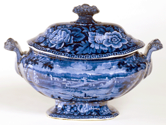 "Columbus†tureen, Staffordshire, England, about 1825. Columbus became the capital of Ohio in 1816. The view depicts the city, the rivers and a steamboat. 