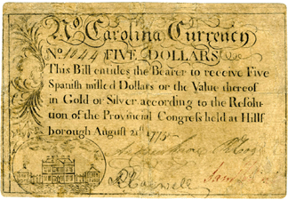 Five-dollar counterfeit North Carolina note printed in late 1775.