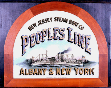 George Ratledge, "New Jersey Steamboat & Co. †Peoples Line †Albany & New York,†circa 1875, ink and watercolor on paper, reverse painted on glass, hand-colored lithograph, 17¾ by 14½ inches, framed, signed lower edge center: "Geo. Ratledge, 72 Murray St. NY.†Albany Institute of History and Art Purchase.