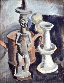 Max Weber, who met Picasso in Europe, was influenced by his work and African art, as reflected in the squat proportions and rudimentary brushwork in "African Sculpture,†1910, painted soon after he returned to America. With Picasso's "Still Life,†it shares "a centrally massed composition and subdued palette to create an effect of blunt crudity,†says exhibition curator Michael FitzGerald. Collection of Mr and Mrs Henry C. Schwob.