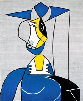 Roy Lichtenstein's fascination with Picasso manifested itself in numerous paintings, including "Femme au Chapeau,†1962, a large, vividly hued version of the Spaniard's "Grey Woman.†Collection of Martin Z. Margulies. ©Estate of Roy Lichtenstein.