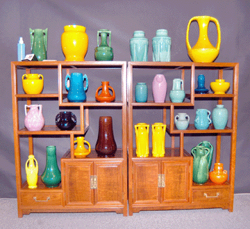 Cannondale Antiques, Wilton, Conn., showcased a collection of Japanese Awaji pottery, circa 1930, with Deco styling in vivid colors of orange, yellow, pink and aqua.