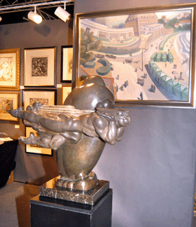 Donald De Lue's (American, 1897‱988) bronze sculpture of "Boreas,†god of the North wind flying against the clouds, on view at Fusco & Four, Boston, was designated as number 1 of a planned edition of 12 and measured 27½ by 29½ inches. The plaster of this important sculpture, which was exhibited at the National Institute of Arts and Letters in 1945, was lost for four decades and rediscovered in 1999.