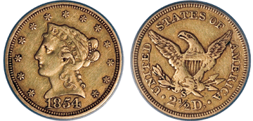 One of the two top lots, selling for $345,000, the 1854-S $2.50 is considered the ultimate issue for collectors of the Liberty quarter eagles.