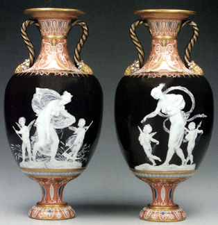 A pair of Minton pâte-sur-pâte urns graced the cover of the sale's catalog with one depicting Sowing, the other, Reaping. The pair brought $103,500.