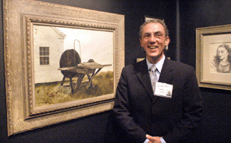 Farmington, Maine, dealer Tom Veilleux with "Cushing Saw,†a circa 1961 watercolor by Jamie Wyeth.