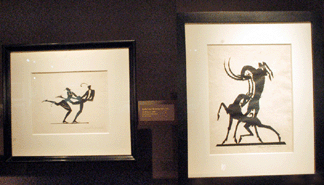 Black paper silhouettes by William Hunt Deiderich included "Ice Skaters†and "Fighting Goats†in the booth of Bernard Goldberg Fine Art, New York City. Both pieces had hold tags placed on them within minutes of opening.