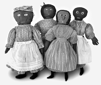 A group of dolls from the "Shoe Button and Calico†period, 1890‱910. The middle two are defined by their hair wigs made of astrakhan pile and the two on the right for their shoe button eyes.