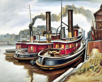 "Three Tugs,†circa early 1930s, reflects Rosen's interest in using geometric forms to depict tough working boats on the Hudson River. It measures a characteristic 32 by 40 inches. Collection of Jim's of Lambertville, Lambertville, N.J.