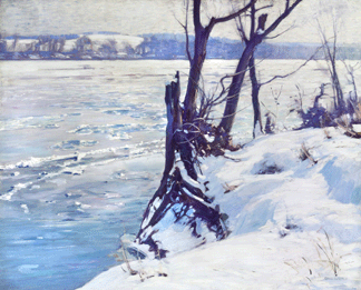 The dazzling white of deep-packed snow animates Charles Rosen's "A Winter Morning,†circa 1913, while the influence of Japanese design is seen in the scraggly dark trees in the foreground and the woods across the water. Collection of Marguerite and Gerry Lenfest.