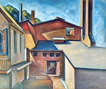 According to art historian Tom Wolf,         "[A]rchitecture&⁰rovided ready-made geometries for&⁛Rosen's] canvases, as opposed to the irregularities of nature that animated his earlier works.†In works like the undated "Brickyard Buildings,†Rosen depicted "where people in Ash Can paintings would have their jobs if they lived upstate.†Collection of Mr and Mrs Robert W. Vaughan.