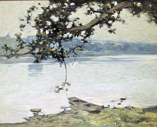 In "Morning on the Delaware,†circa 1912, Rosen introduced the compositional device of tree branches in the foreground, with river and hills beyond. Private collection.