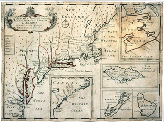 A map of English plantations in America clearly showing the designation of "New England†by Edward Wells, cartographer, and Sutton Nicholls, engraver, circa 1700-1736.