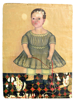 The circa 1840 unsigned "Portrait of a Young Boy with a Whip and a Pull toy†that was found behind a map of Syria in an old house brought $58,750 from a phone bidder.