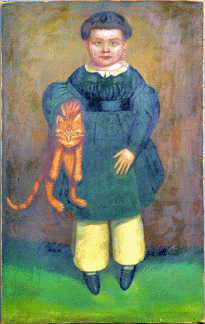 This large (41¼ by 26 inches) oil on canvas portrait of a gray-eyed boy gripping a reluctant looking ginger tabby cat and dressed in a dark green tunic with cream color trousers was thought to have been painted by New York artist Henry Walton. It was unsigned and sold for $47,000. 