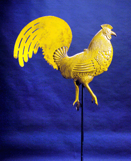 The Weiss cover lot, a circa 1880 cast and sheet iron rooster form weathervane in warm yellow paint was attributed to Rochester Iron Works, had a remarkable textural quality and sold in the room for $36,425.