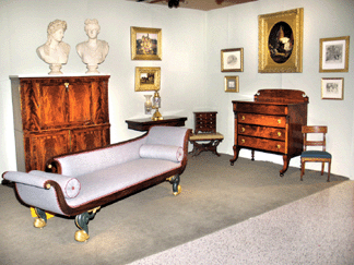"We had one of our best shows ever here last year,†said classical furniture specialist Carswell Rush Berlin. The New York dealer sets up at the Charleston Show and at the nearby Charleston Renaissance Gallery, a premier source for historic Southern painting. Berlin's offerings included a Federal figured-maple child's chair attributed to Joseph B. Barry & Son of Philadelphia, far right, and a Grecian couch attributed to Duncan Phyfe.