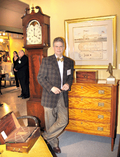 Sumpter Priddy III with the "Iron Steamer Carrie of Savannah,†a design in watercolor, pen and ink on paper by Henry William Frackmann of Wilmington, Del. The Alexandria, Va., dealer brought several pieces of Charleston furniture, including a circa 1795 Pembroke table and a dressing table, probably by William Axson, circa 1760‱765.